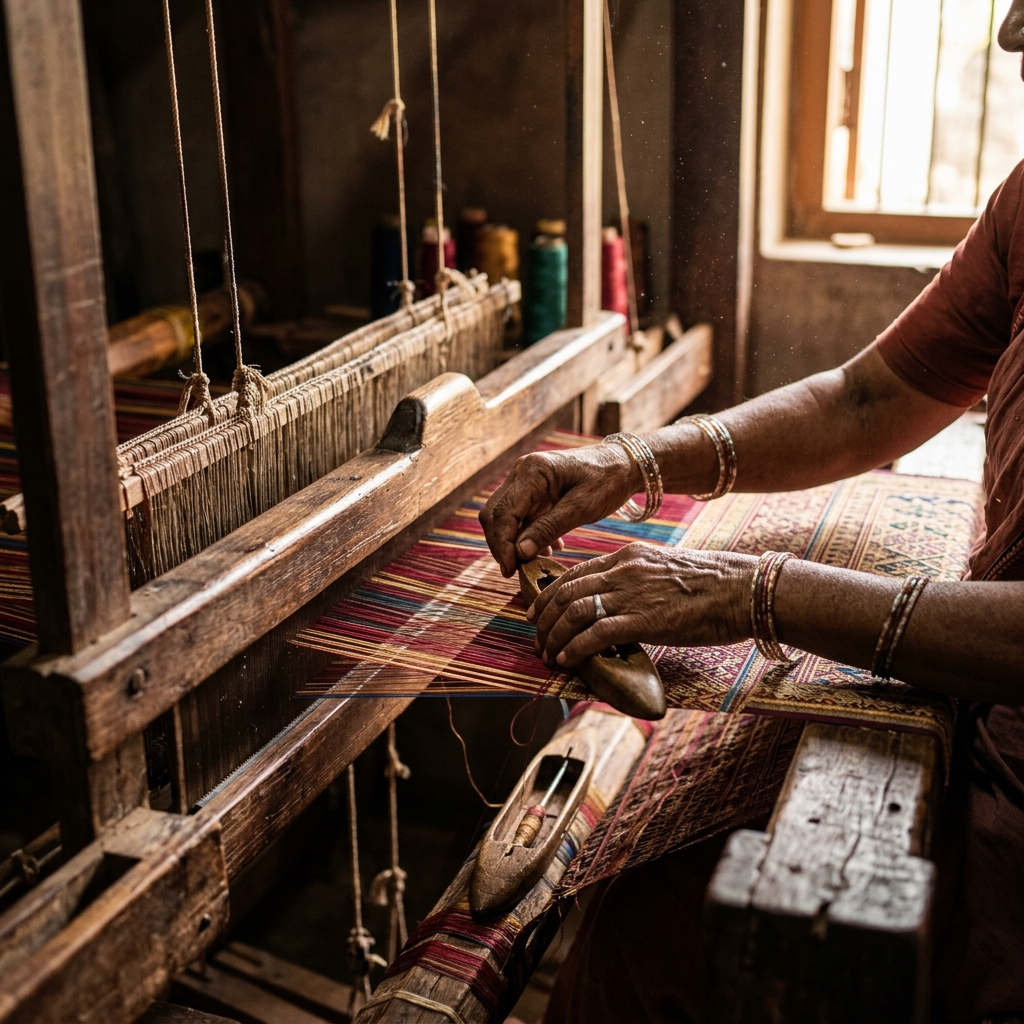 Artisan hands weaving threads on a wooden loom